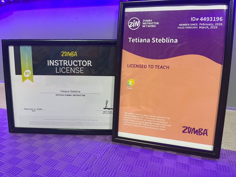 Ліцензія та сертифікат Zumba інструктора Стебляної Тані